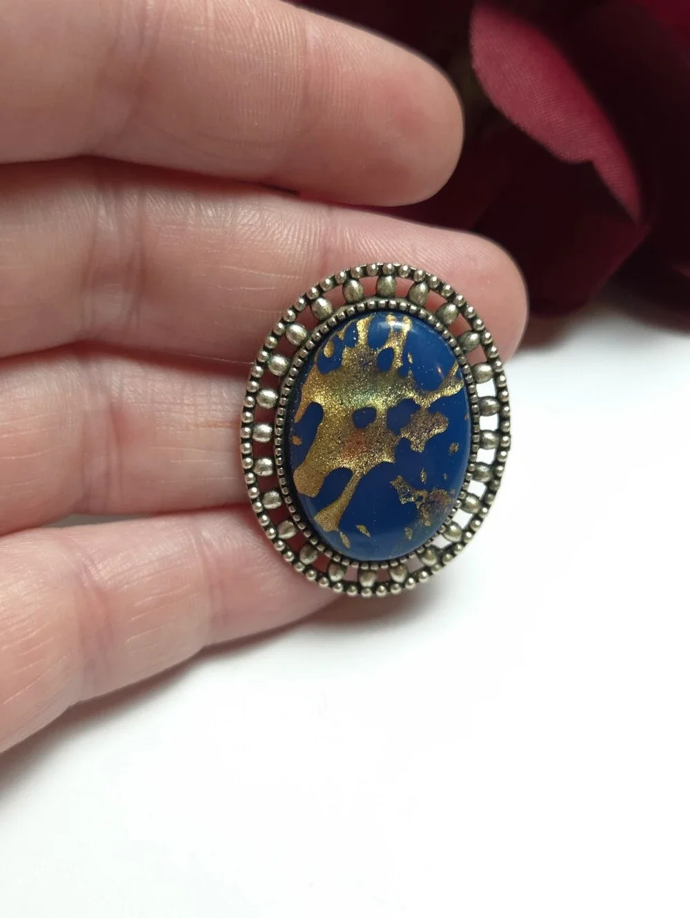 Handmade Blue & Metallic Gold Paint Swirl Silver Tone Brooch
